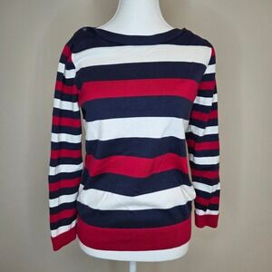 Brooks Brothers Red Fleece Striped Supima Cotton Sweater Navy Red White Womens M